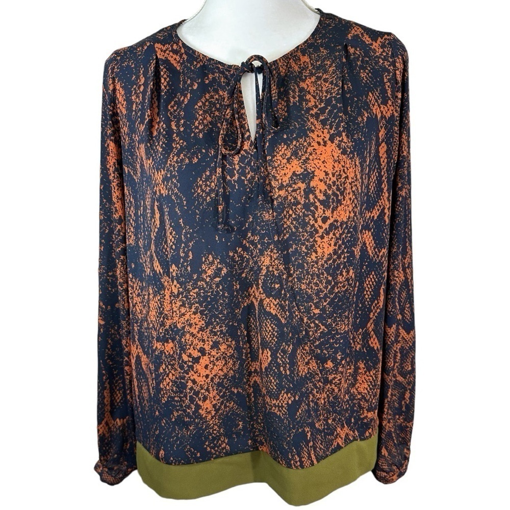 Cabi- Navy/Orange Snake Print Long-sleeved Faux Wrap Blouse- Size S